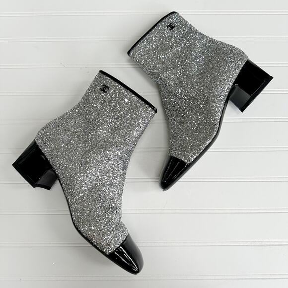 Chanel CC Sliver Glitter Ankle Boot Cap Toe Black Patent Bootie Milky Way Runway - Picture 1 of 16